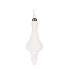 a white glass ornament hanging from a chain on a white background with gold accents