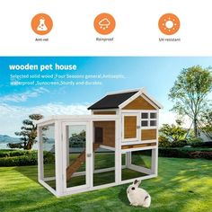 an advertisement for a pet house with a rabbit sitting in the grass next to it