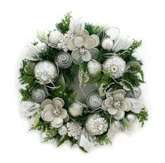 a christmas wreath with silver ornaments and greenery