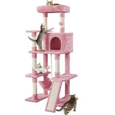 the cat tree is pink and has three kittens on it