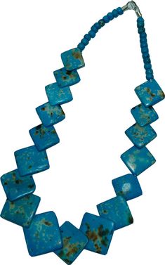 Costume jewelry in bone. Necklace turquoise, summer colored jewelry.  Lead free, a turquoise colored necklace with polished square pieces of artificial bone overlapping each other, necklace measures 20". Casual Turquoise Jewelry With Natural Stones, Turquoise Beaded Jewelry For Vacation, Unique Turquoise Jewelry For Vacation, Blue Natural Stone Jewelry For Vacation, Blue Natural Stones Jewelry For Vacation, Unique Blue Jewelry For The Beach, Vacation Blue Jewelry With Natural Stones, Casual Blue Jewelry With Natural Stones, Handmade Blue Turquoise Necklace For Summer