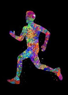 the silhouette of a running man with colorful paint splattered all over his body