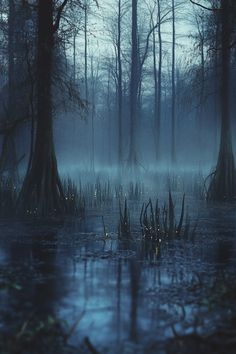 a swampy area with trees and water in the fog