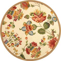 a round rug with flowers and leaves on the bottom in beige, red, orange, yellow and green colors