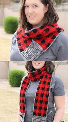 a woman wearing a red and black scarf