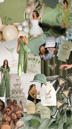 a collage of photos with people dressed in different outfits and hats, including green clothing