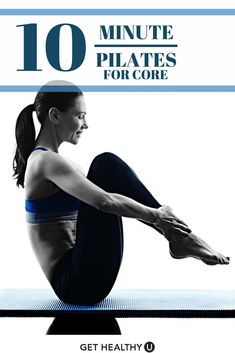 the 10 minute pilates for core book cover shows a woman stretching her legs