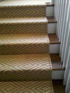 a carpeted stair tread with wooden handrails