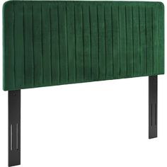 an upholstered headboard with black metal legs and green velvet finish, viewed from the front