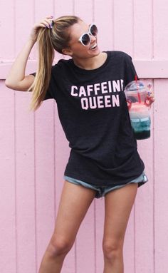 caffeine queen all day every day..it's a necessity to survive. this charcoal short sleeve t shirt features a scoop neck and pink puff paint letters. the fit of Caffeine Queen, Queen Tee, Queen Tshirt, Nick Jonas, Emma Roberts, Look Cool, Look Fashion, Passion For Fashion, A Black