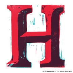 the letter h is painted in red and black on a white background with text below it