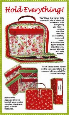 an advertisement for a red and white bag with floral designs on the front, in green polka