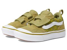 Vans Kids ComfyCush New Skool V (Little Kid) - Boy's Shoes : Safe Space Olive : When your kid's shoes have more miles than your car, its time to upgrade to Vans Kids ComfyCush New Skool V. Leather and textile upper. Single strap hook-and-loop closure. Round-toe silhouette with rubber toe cap. ComfyCush lining and insole. ComfyCush - A breathable textile lining and comfort-cushioned insole make all-day wear a no-brainer. Featuring a co-molded construction of foam and rubber for the perfect combin