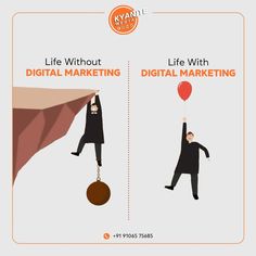 two different stages of digital marketing with one being suspended on a ball and the other being holding