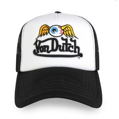 This Classic Snapback Trucker Hat By Von Dutch Features A Puff Embroidered Wordmark Logo And The Iconic Flying Eyeball On The Front, Black Breathable Mesh Rear, And An Adjustable Snapback Panel. Von Dutch Logos Breathable Black Mesh Rear Curved Bill Adjustable Snapback Panel One Size Fits Most #Truckerhar #Vondutxh Y2k Retro White Trucker Hat For Summer, White Winter Baseball Cap With Curved Brim, White Curved Brim Baseball Cap For Winter, Trendy White Winter Baseball Cap, White Trucker Hat With Letter Print And Flat Brim, White Trucker Hat With Letter Print, Retro White Visor Hat, Retro White Trucker Hat With Letter Print, White Snapback Trucker Hat For Winter