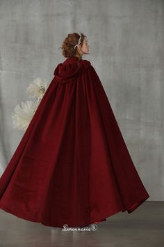 "Maxi wool cloak of our New Collection:  Cloak came from Ancient Greeks and became a must have style in Victorians time. It is made of high end fabric and elegant, that can serve as the symbolization of status and taste, making people feel they are really the aristocrats. Since its first appearance in the 19th century in the courts of European royalty cloak has become one of the most loved forms of overcoats. Her Majesty Queen Elizabeth II loved cloaks so much espcially burgundy and black. 【Mate Clock Dress, Cloak Pattern, Wool Cloak, Gaun Abad Pertengahan, Dance Garments, Wedding Cloak, Cape Wedding, Wedding Cape, Hooded Cape