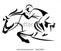 black and white silhouette of a running horse with jockeys on it's back