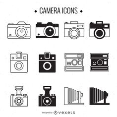 black and white camera icons on a white background with the text,'camera icons '