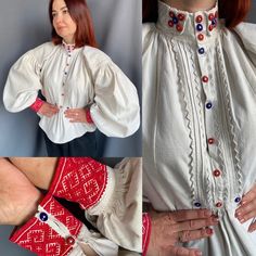 Gorgeous Romanian blouse with great jewellery work Great mix of virgin white and contrast red So lovely decorative buttons Bio Linen hemp homespun Completely handmade Universal size S-L size Great vintage condition Romanian Clothes, Romanian Clothing, Romanian Blouse, Clothes Vintage, Vintage Outfit, Vintage Blouse, Decorative Buttons, Blouse Vintage, Embroidered Blouse