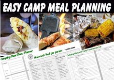 an easy camp meal plan with pictures of food and cooking utensils, including corn on the cob