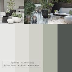 the color scheme is gray and green, with some white plants in pots on the deck