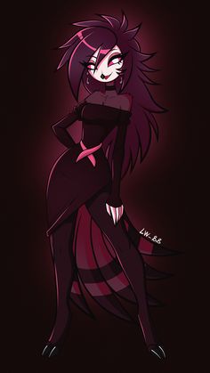 a drawing of a woman with purple hair and black dress sitting on the ground, in front of a dark background