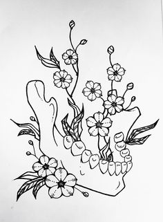 a black and white drawing of flowers in a vase