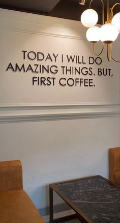 there is a sign that says today i will do amazing things but first coffee on the wall