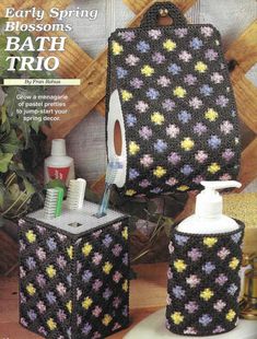 an advertisement for the bath trio featuring toiletries, soap and toothbrush holder in crochet