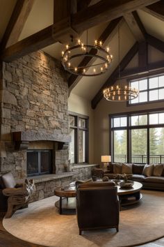 a living room filled with lots of furniture and a fire place in the middle of it