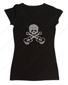 "This is for New Women's Fitted T-Shirt embellished with \" Skull with Guitars \" made in Rhinestones with a choice of V-Neck in Cap Sleeve or Long Sleeve Styles or Ribbed Razorback Tank Top. V-Neck in Cap Sleeve and Long Sleeve Styles Attributes are as follows: Made of 95% Cotton and 5% Spandex; Light Weight Combed Cotton Build to Stretch. Size Specifications for V-Neck in Cap Sleeve and Long Sleeve Styles are as follows: Small: Width 15\" X Length 25\" Medium: Width 16\" X Length 26\" Large: W Ribbed Racerback Tank Top, 2000s Fashion Outfits, 2000s Fashion, Dream Clothes, Cap Sleeve, Combed Cotton, Aesthetic Clothes, Fashion Inspo Outfits, Sleeve Styles