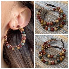 Large Boho Earrings - Red Creek Jasper & Copper Hoop Earrings: These earrings are light weight, comfortable, simple and fun. Throw them on with any outfit and they will definitely add some pop, especially if you are looking for that earth tone rustic look! They are approximately 1.5 inches in diameter. All of these items are handmade so please allow for possible slight variance in sizing & color. If you would like these in a different color or size, please let me know as I also do custom Bohemian Hoop Wrap Earrings, Bohemian Hoop Wrap Earrings For Gift, Bohemian Hoop Wrap Earrings As Gift, Bohemian Hand Wrapped Hoop Earrings, Adjustable Bohemian Wrap Earrings, Bohemian Brown Wire Wrapped Hoop Earrings, Bohemian Adjustable Wire Wrapped Hoop Earrings, Bohemian Small Hoop Copper Earrings, Bohemian Small Copper Hoop Earrings