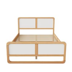 the bed frame is made from wood and has two white panels on each side, along with