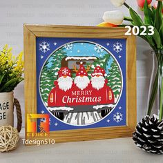 a christmas card with santas on the train and pine cones in vases next to it