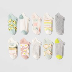 Sweeten up your sock collection with the 10-Pack Breakfast Low-Cut Socks from Xhilaration?. With four pairs featuring breakfast prints like avocados, coffee mugs, eggs and pancakes, you'll have a quirky-cute way of finishing off any casual look. The 10-pack also includes six striped and solid designs for more classic options, but the range of colors still makes them a fun addition to your sock drawer. These socks are cut from lightweight fabric for breathable, comfortable wear, with a low-cut si Mail Designs, Sock Collection, Newborn Socks, Duck Gifts, Low Cut Socks, Nail Designs Valentines, Sock Drawer, Target Finds, Kawaii Accessories