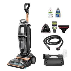 a black and silver vacuum with cleaning supplies