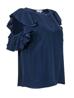 Transition from day to night in this breezy, ruffled, silky blouse from Parker! With a cold shoulder design, this blouse has the power to take you from day to night effortlessly. With its beautiful, rich navy hue, fun and flirty shoulder ruffles with cold shoulder design, and a sweet keyhole at neckline, she checks all the boxes. Wear your cutest wide leg jeans and '70s-inspired platform heels with big gold hoop earring to top off this look! Size S 100% Silk Pullover Unlined Round neckline with Off-shoulder Silk Blouse For Spring, Spring Silk Off-shoulder Blouse, Elegant Flowy Top For Date Night, Chic Ruffle Sleeve Blouse For Night Out, Elegant Cold Shoulder Blouse For Night Out, Spring Evening Tops With Ruffle Sleeves, Elegant Ruffled Tops For Date Night, Spring Evening Blouse With Ruffle Sleeves, Spring Date Night Blouse With Ruffles