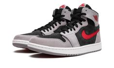 The Air Jordan 1 Zoom CMFT 2 “Black/Fire Red/Cement Grey” is the second version of the modern spin on the vintage basketball shoe with a decidedly Chicago Bulls-esque design.  The Jordan 1 Zoom Comfort 2 is the second version of the Jordan 1 Zoom Comfort shoe that debuted as a lifestyle take on the classic silhouette.  On the “Black/Fire Red/Cement Grey,” the model features a black suede base with Cement Grey suede overlays.  A Fire Red cut-out Swoosh appears on the sides and a red “Wings” logo Popular Sneakers, Jordan 1 High Og, Black Fire, Jordan Sneakers, Air Jordan 1 Retro High Og, Air Jordan 1 Retro High, Nike Dunk High, Red Nike, Nike Shox