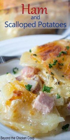 ham and scalloped potatoes on a white plate