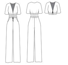 the front and back views of a jumpsuit with an open neck, wide legged pants and