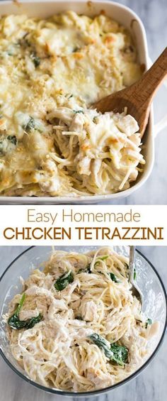 chicken tetrazzini in a casserole dish with a wooden serving spoon