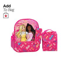 a pink backpack and lunch bag with barbie dolls on the front, both in different designs