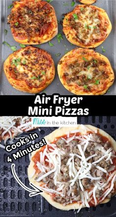 four different types of pizzas with cheese and meat toppings on the top one is an air fryer mini pizzas