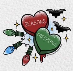 two heart shaped balloons with the words season's greetings written on them, surrounded by bats and christmas lights