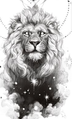 a black and white drawing of a lion with stars on it's head, surrounded by clouds