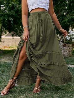 Army Green Boho Collar  Fabric Plain Layered/Tiered Embellished Non-Stretch Spring/Summer/Fall Plus Size Bottoms Stile Boho Chic, Maxi Skirts Summer, High Waist Long Skirt, Business Formal Dress, High Waisted Maxi Skirt, Wrap Maxi Skirt, Formal Dresses Gowns