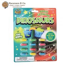 a package of dinosaurs capsules with different colors and shapes on the inside of it