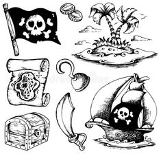 pirate symbols and items in black and white