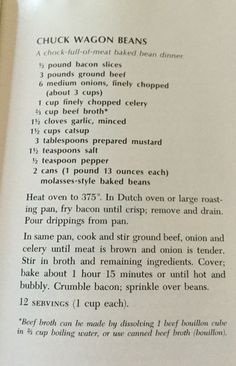 an open book with instructions on how to cook bacon beans and other ingredients in it