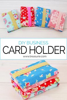 several folded fabric pieces with the words diy business card holder on top and bottom